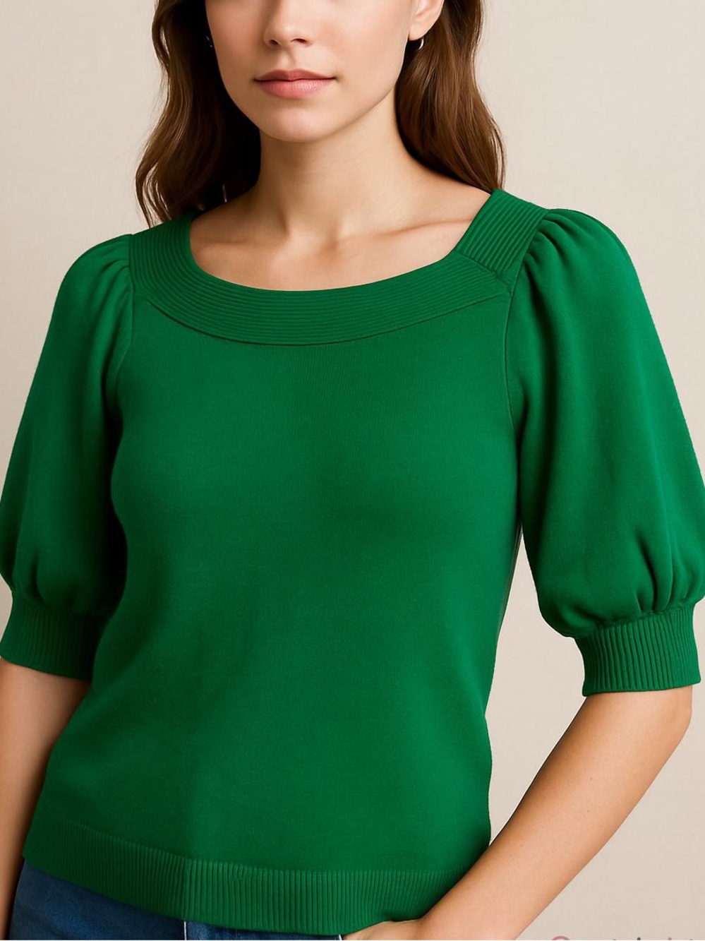 MARBLE short puff sleeve round neck sweater ribbed cuffs emerald green sz small